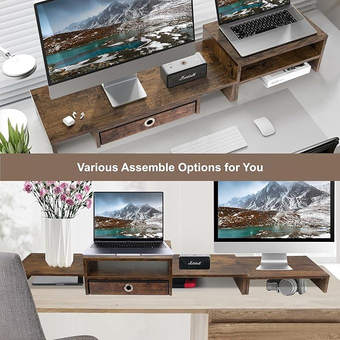 Monitor Riser for 3 Monitors, Dual Monitor Stand for Desk, Triple Monitor Stand with Drawer, Dual Monitor Stand with Storage, Extra Long Triple Monitor Riser up to 52", Angle Adjustable, Rustic Brown