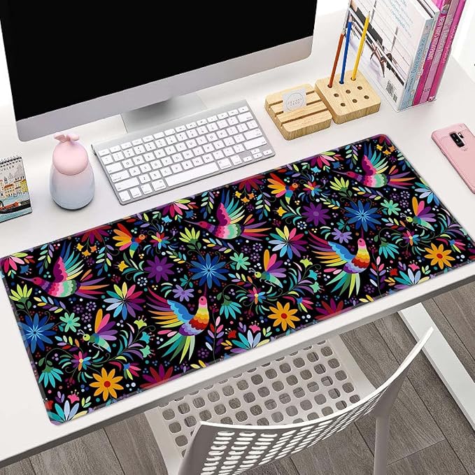 Ornate Ethnic Mexican Patter Desk Mat Black Large Extended Mouse Pad XL Desk Pad Gaming Mousepad Keyboard Mouse Mat for Computer Laptop 31.5''X11.8'' Non-Slip Rubber Base with Stitched Edges