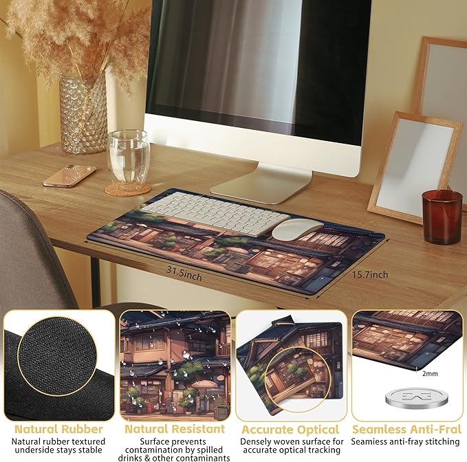 Anime Architecture Large Extended Gaming Mouse Pad Japanese Town XXL Mousepad Desk Pad for Keyboard and Mouse, Non-Slip Rubber Base Mousepad with Stitched Edges for Office Desk Decor, 31.5 x 15.8 in