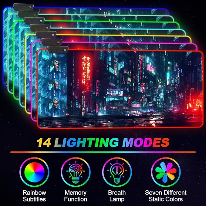 ARTSO RGB Gaming Mouse Pad Large, Extended Soft Led Mouse Pad with 14 Lighting Modes 2 Brightness, Water Resist Keyboard Pad, Computer Mousepads Mat 35.4x15.7inch, Night City