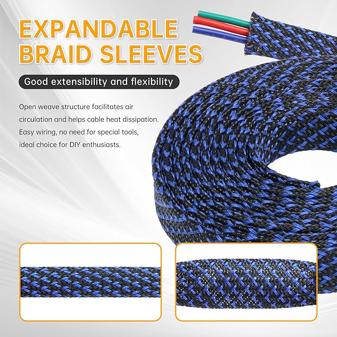 Braided Cable Sleeve, 33ft Expandable Wire Loom for Automotive Wiring Harness & PC Case, Pet-Proof Chew Resistant Cord Protector, Flexible Cable Management (Blue-Black, 12mm (15/32"))