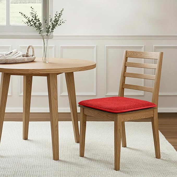 puredown® Chair Cushions for Dining Chairs, Set of 4 Memory Foam Seat Cushions with Non-Slip Backing & Ties, 16" x 16" x 1.5", Comfortable & Supportive Dining Chair Pads for Kitchen, Red