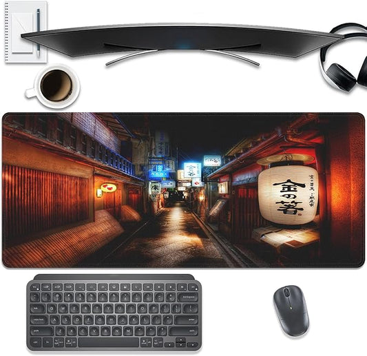 Japanese Street Lantern Large Mouse Pad Desk Pad, 27.5x11.8in Tokyo Night Scene Extended Keyboard Mousepad with Stitched Edges, Non-Slip Waterproof Rubber Base for Office, Computer, Laptop & Home