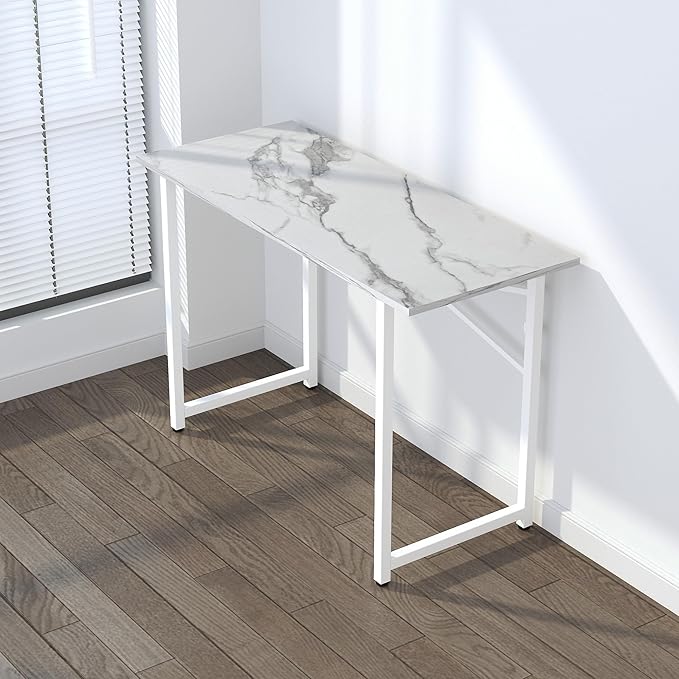 Lutown-Teen 47 inch Folding Desk No Assembly Required, Writing Gaming Computer Camping Table, Home Office Desk, White Marble