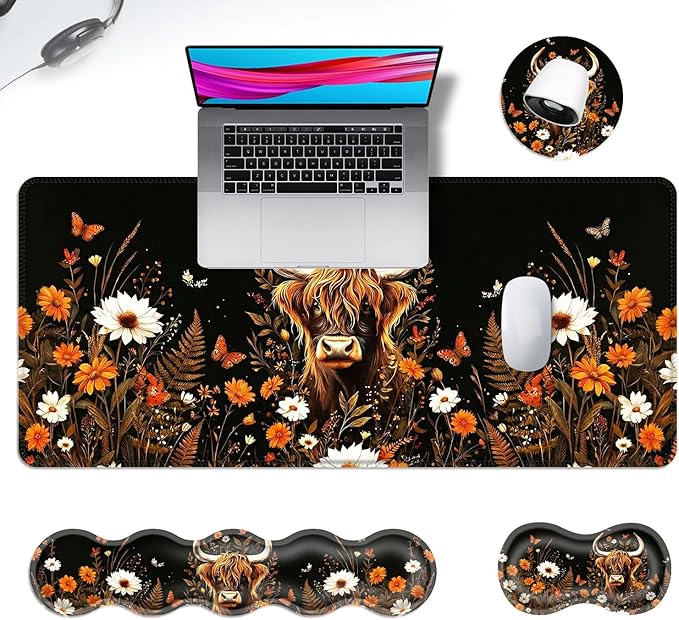 Ergonomic Mouse Pad Set with Wrist Support for Keyboard and Wrist Rest for Mouse, Memory Foam Comfort, Non-Slip Large Desk Mat for Home Office Pain Relief,Cow Daisy Butterfly