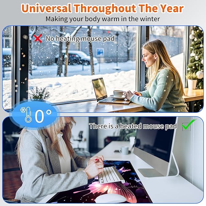 Heated Mouse Pad,Warm Desk Pad with 3 Levels Heating & 3 Hours Auto Shut-Off, PU Leather Heated Desk Pad Warmer Pad for Home Office - 31.5 x 13 inch,Shining Butterfly