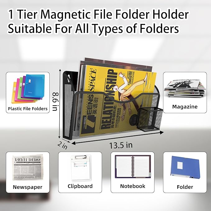 Magnetic File Holder 1 Pockets File Folder Organizer with Pen Holder, Office Hanging Magazine Rack for File Cabinets, Magnetic Paper Holder, No Drilling Mail Organizer for Refrigerator, Office (Black)