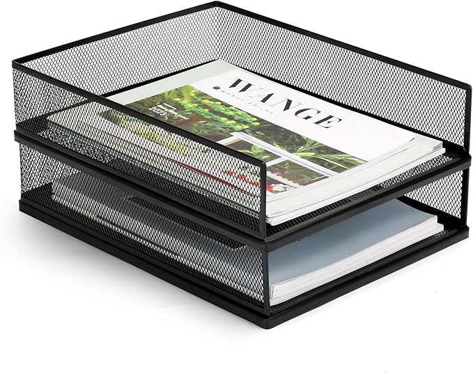 Wire Mesh Letter Trays Paper Tray Desk File Organizer, 2 Pack Stackable Metal Front-Load Documents Tray for Office Supplies File (Lengthways)