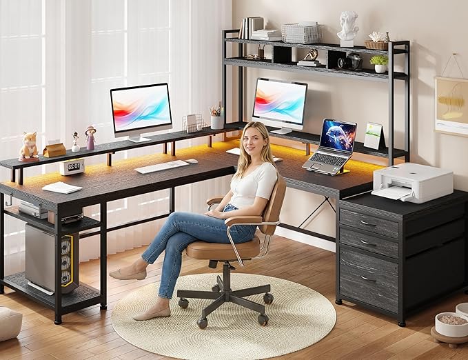 EnHomee 104'' L Shaped Gaming Desk, Reversible Two Person Corner Computer Desk with Power Outlet & LED Lights, Monitor Stand & 3 Drawers, Home Office Workstation for Living Room, Black