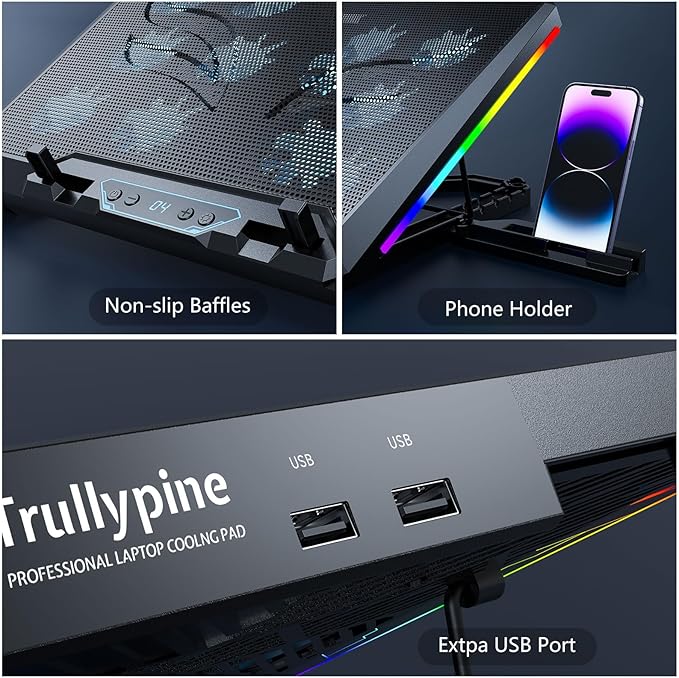 Laptop Cooling Pad with 12 Quiet Fans, Slim Portable for 12-17.3 Inch Laptop Cooler Stand, RGB Lighting, with 5 Height Adjustable, Gaming Cooling Fan Pad,Two USB Ports, Phone Holder (LCD)