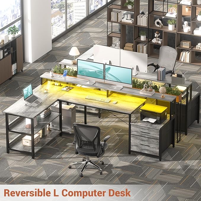 Aheaplus L Shaped Desk with Power Outlet, Reversible L Shaped Computer Desk with File Drawer & Monitor Stand, Gaming Desks with LED Strip, Home Office Desks with Storage Shelf,1White Oak