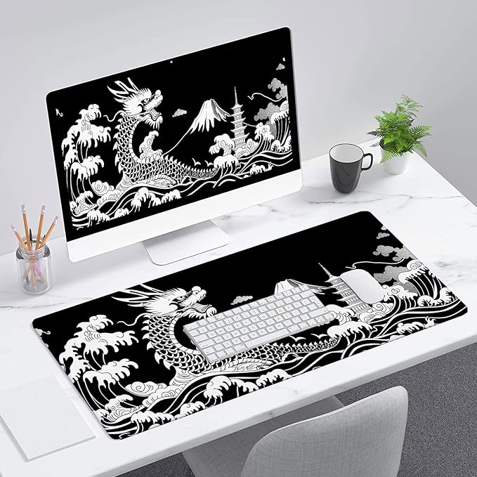 Dragon Desk Mat Gaming Mouse Pad Black White Japanese Sea Wave Extended Gaming Mouse Pad Mat with Stitched Edge Non-Slip Base Big Mouse Pad Office Computer Keyboard Laptop Home 31.5"x11.8"