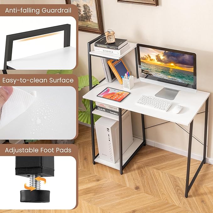 Tangkula Computer Desk with Shelves, Space Saving Home Office Desk with 3-Tier Ladder Shaped Storage Bookshelf, Modern Writing Study Desk with Metal Frame, Compact Computer Workstation (White)