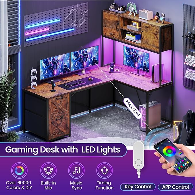 SEDETA L Shaped Desk with Drawers, 62.2" Home Office Desk with Fabric File Drawers and Power Outlet, L Shaped Desk with Hutch, Storage Shelves, LED Lights, Rustic Brown