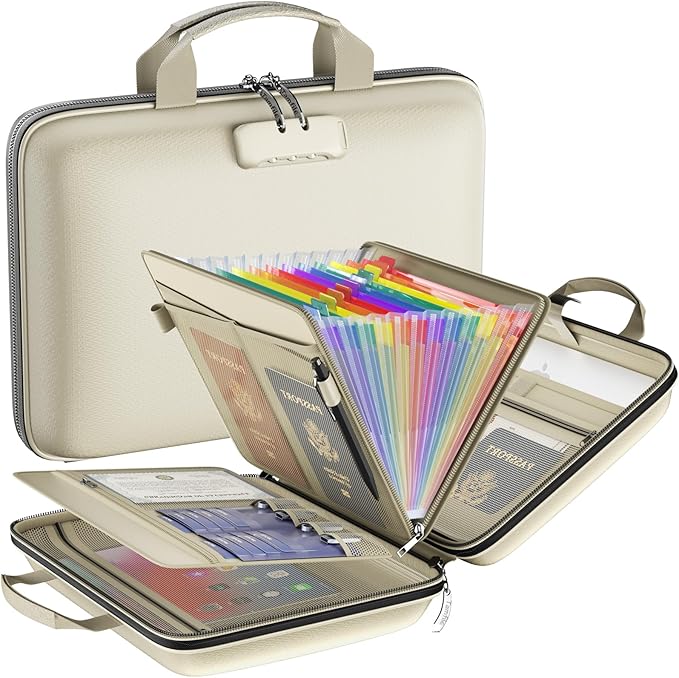 Fireproof File Organizer with Lock, Hard Case Fireproof Document Box with 13 Colorful Pockets Accordion File Folder, Important Document Organizer for Letter A4 Files Laptop Passports (Beige)