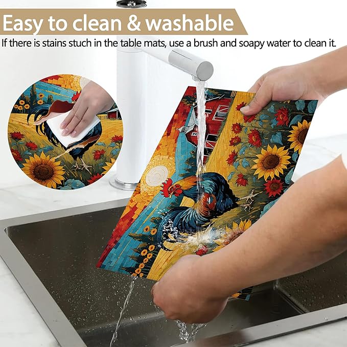 Painting Sunflowers Rooster Table Placemats Set of 6, Linen Placemats 12x18 Inch, Washable Non Slip Heat Resistant Mats for Dining Table Kitchen Indoor Use