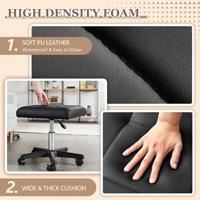 Wesiti Under Desk Leg Rest Ottoman, Adjustable Foot Stool with Wheels, PU Padded Leg Rest for Desk and Home Office, 360° Rolling with Lockable Casters, Black