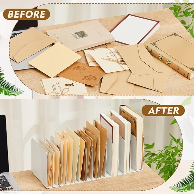 Suzile Metal Desktop File Organizer, 15 Compartments, Vertical File Sorter, White, 5.79" W x 15.75" L x 5.41" H, Office, Reception Areas, Workspace