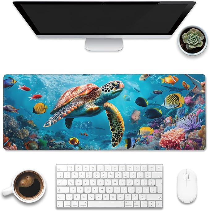 XL Mouse Pad,Sea Turtle with Colorful Fish Large Gaming Mouse Pad,The Underwater World Desk Mat,Extended Big Computer Keyboard Desk Pad with Non-Slip Base Stitched Edges 31.5"x11.8"