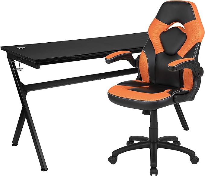 EMMA + OLIVER Black/Orange Gaming Desk Bundle - Cup & Headphone Holders/Mouse Pad Top