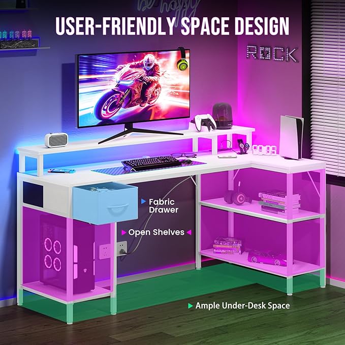 DUMOS 47” Gaming Desk with USB Charging Ports & LED Lights for Home Office Small Space, Reversible L Shaped Desks Computer Corner Gamer Table with Power Outlets Monitor Stand Storage Shelves, White