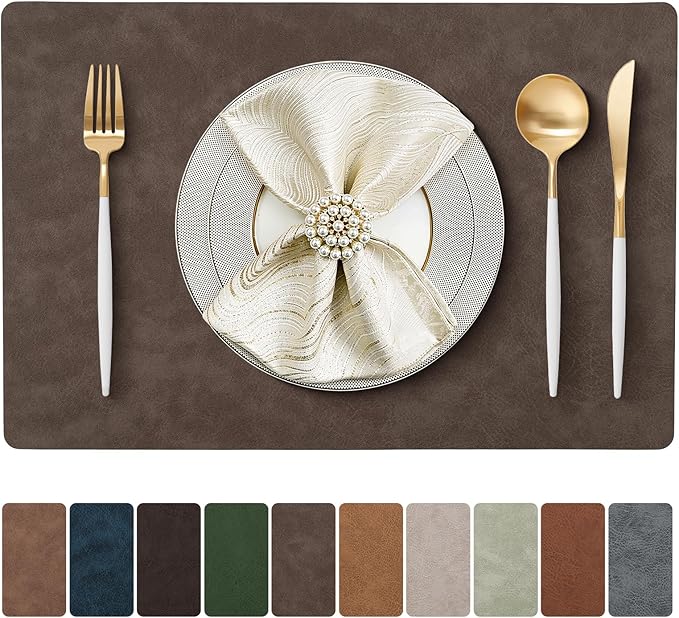 Placemats Set of 4 Reversible Dual-Color Table Placemats, Faux Leather 100% Waterproof Oil-Proof Wipeable Place Mats, Heat Resistant Dual Sided Table Mats for Kitchen/Dining/Party (Dark Brown&Yellow