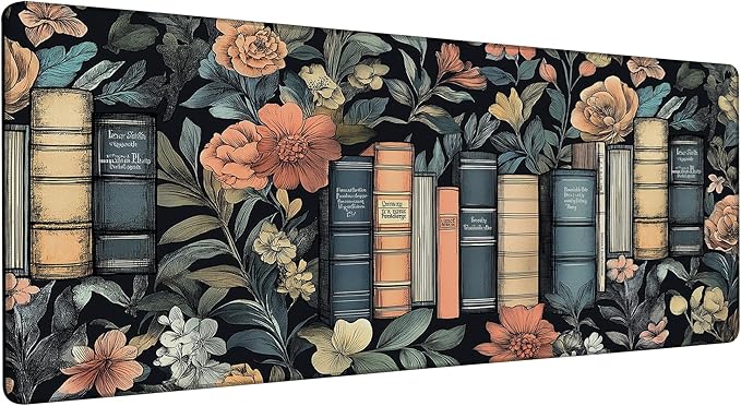 Large Gaming Mouse Pad Books and Flowers Desk Mat,Non-Slip Rubber Base Stitched Edges,Extended Mousepad for PC,Laptop,Office,Home Decor(31.5 x 11.8 Inch)