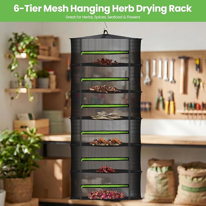 MEKOLIFE Herb Drying Rack with Mesh Design, Hanging Drying Rack with Green Zipper & Garden Pruning Shears – Versatile Plant Drying Solution (6 Layers)