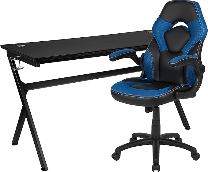 EMMA + OLIVER Black/Blue Gaming Desk Bundle - Cup & Headphone Holders/Mouse Pad Top