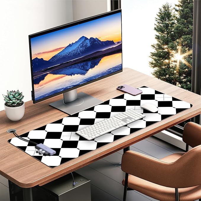 Checkered Desk Pad – PU Leather Desk Pad Protector, Non-Slip Office Desk Mat for Desk, Waterproof Desk Blotter Pad, Easy Clean Laptop Writing Mat for Work/Home/Decor (35.4" x 15.7", White Black)
