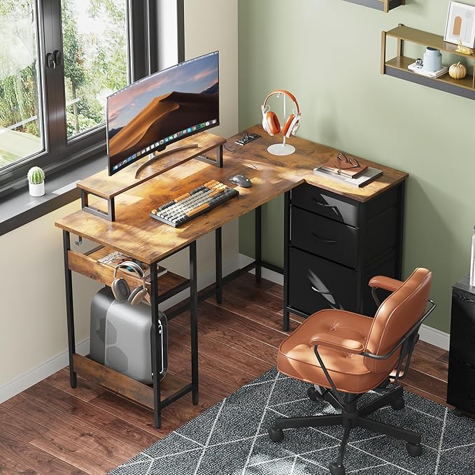 DEVAISE 48 Inch L Shaped Gaming Desk with Drawers and Storage, Corner Desk with LED Lights, Power Outlets, Computer Desk with Monitor Stand, Office Desk for Home, Rustic Brown
