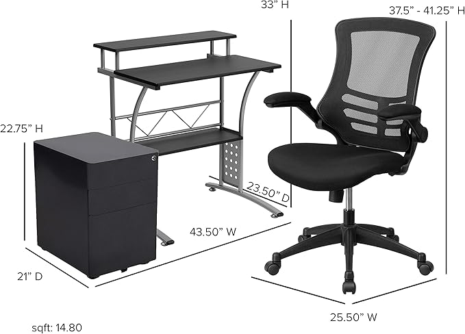 Flash Furniture Calder Work From Home Kit - Black Computer Desk, Ergonomic Mesh Office Chair and Locking Mobile Filing Cabinet with Side Handles