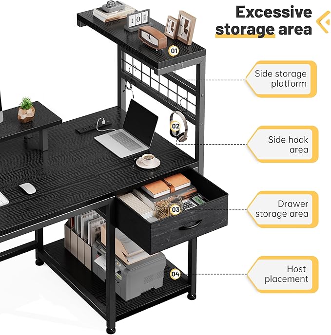 EnHomee 40" Gaming Desk with Power Outlets & LED Lights, Computer Desk with Drawer & Storage Shelve, Home Office Desk with Monitor Stand for Living Room, Study Room, Gaming Room, Black