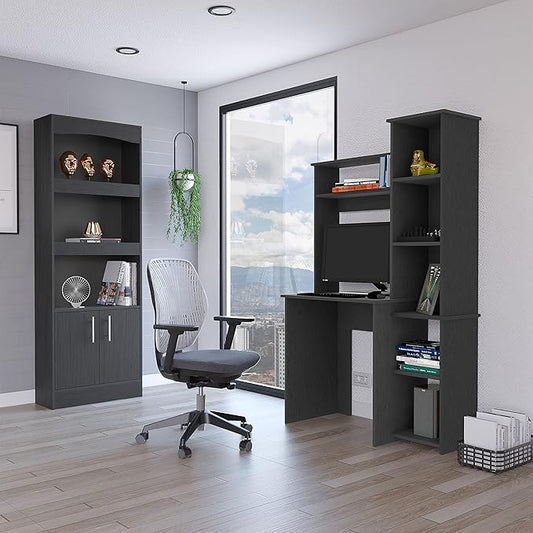 2 Piece Office Desk Set: Modern Computer Desk with Bookshelf - Dark Gray Wood Home Office Furniture for Content Creators & Remote Work Spaces