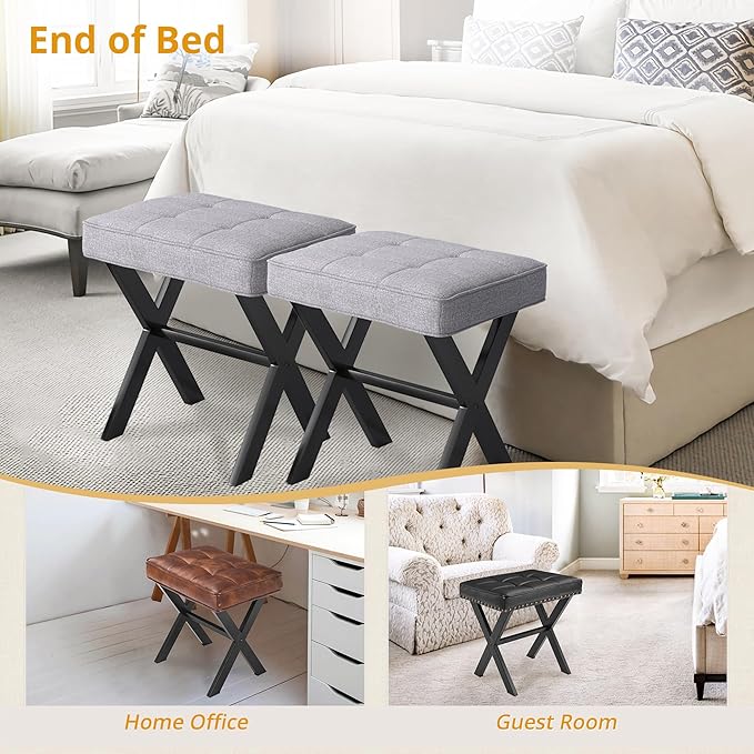 LUE BONA Vanity Stool - Square Linen Makeup Seat With Metal X Legs, Small Ottoman Chair for Makeup Room, Living Room, Bathroom - Modern Padded Foot Rest, Dark Gray
