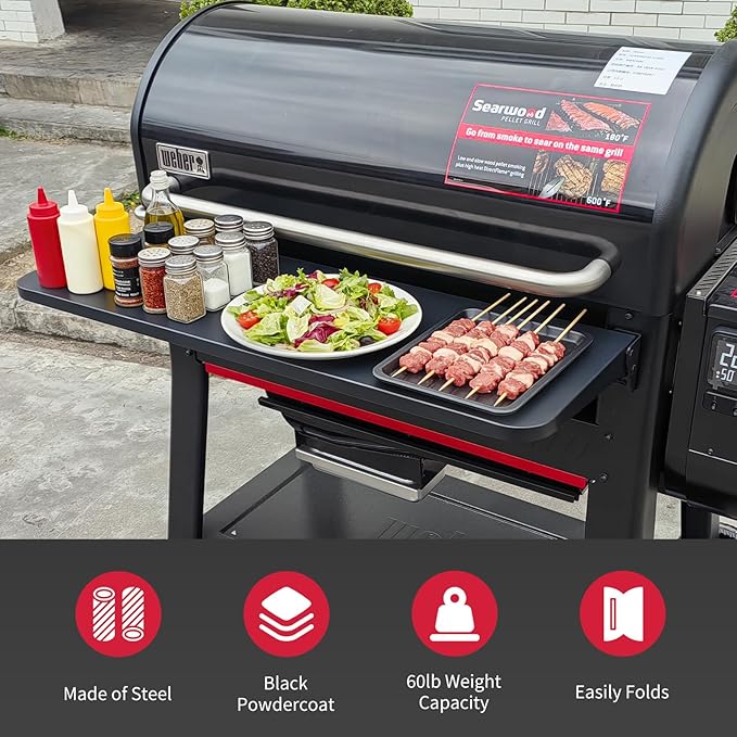 Utheer Folding Front Shelf for Weber Searwood 600 XL Pellet Grill, 35" x 12.5" Heavy-Duty Steel BBQ Prep Table, 60 LB Load, Space-Saving Front Grill Shelf, Heavy-Duty Weber Searwood XL 600 Accessories