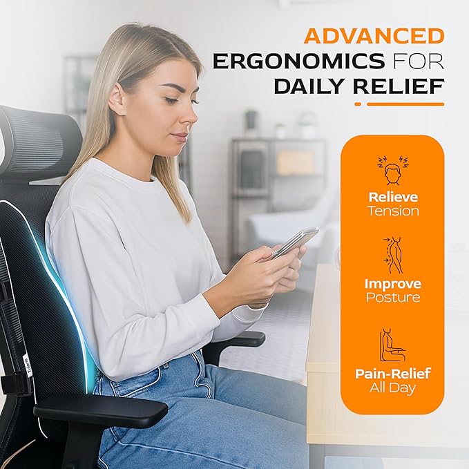 TULARIS Extra Dense Lumbar Support Pillow with Double Adjustable Straps - Ergonomic Memory Foam Cushion for Office Chair, Car, Couch - Firm Back Support for Lower Back & Spine Pain Relief