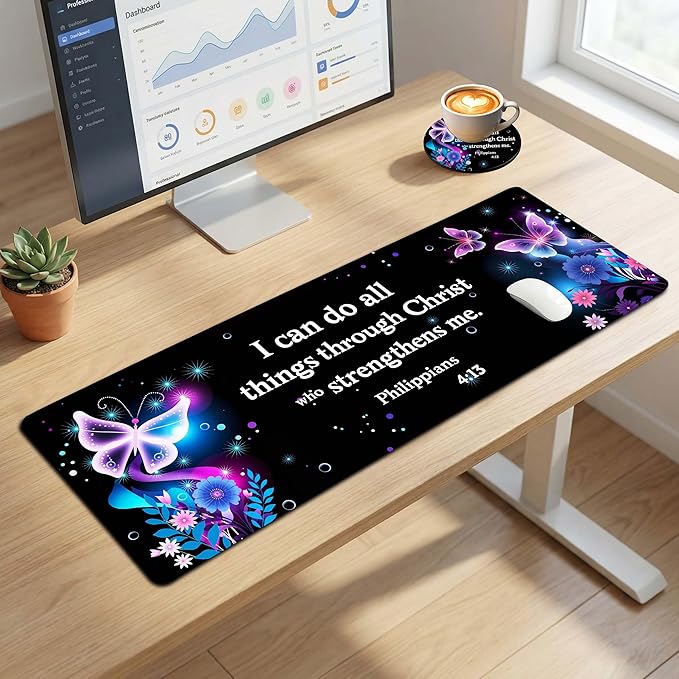 Extended Large Mouse Pad 31.5 x 11.8 Inches – AiLiTeck Premium Desk Mat Mousepad with Stitched Edges, Waterproof, Non-Slip Rubber Base for Office Home, Includes Coaster–Bible Verse Butterflies