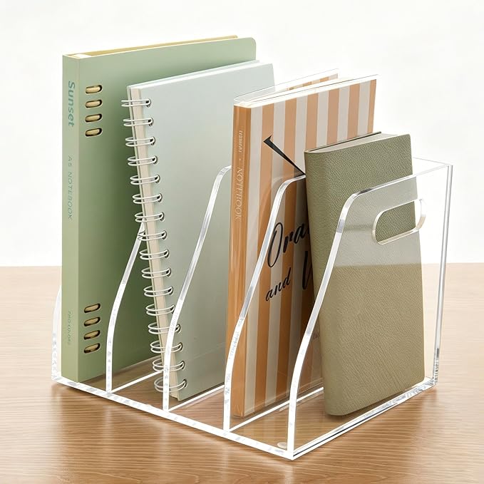 Acrylic File Folder Holder for Desk with Handles, 4-Slot Clear Desk Organizers and Accessories, Vertical Magazine File Sorter & Binder Holder, Desktop Book Organizer for Office, School & Home