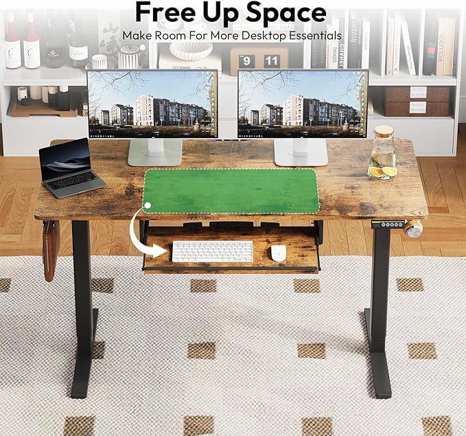 Electric Standing Desk with Keyboard Tray,48x24 inches Adjustable Height Stand Up Desk,3 Preset Heights,Equipped with Hooks,Raising Desks for Home Office and Computer Workstation,Black