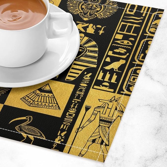 Ancient Egyptian Placemats Ancient Culture Black Golden Egyptian Hieroglyphs Linen Washable Table Mats Stain Heat-Resistant Desktop Decor Place Mats for Home Kitchen Dining Party 12x18 in 6 Pcs