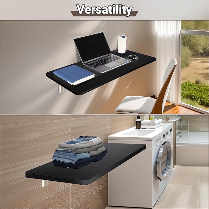 Neoaider Upgrade Wall Mounted Folding Table 31.5”L x 15.7”W, Laundry Folding Table with Heavy Duty Metal Collapsible Shelf Brackets, Wall Mounted Desk Fold Down for Small Spaces, Black
