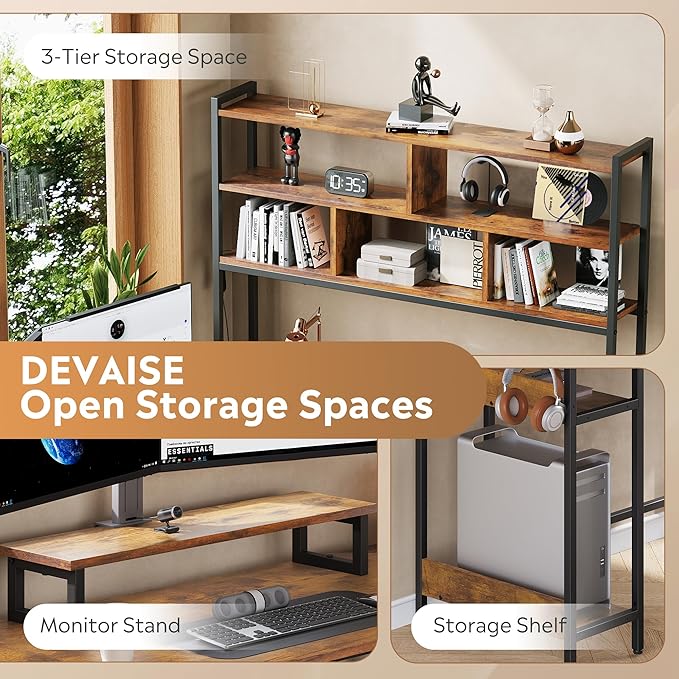 DEVAISE 66 Inch L Shaped Gaming Desk with Drawers and Storage, Corner Desk with LED Lights, Power Outlets, Computer Desk with Monitor Stand, Office Desk for Home, with Hutch, Rustic Brown