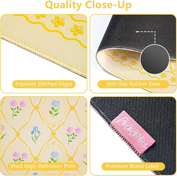 Floral Aesthetic Yellow Mouse Pad Large 35.4×15.7 Flower Girly Desk Mat for Women, Non-Slip Water-Resistant Pad for Home Office Gaming Decor
