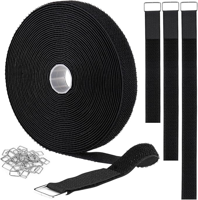 YMCRLUX 1"x64ft Hook and Loop Straps with 70 Metal Buckles, Adjustable Fastening Cable Straps, Cut-to-Length Cinch Strap, Reusable Nylon Securing Cord Ties for Organizer or Storage, 1 inch Wide, Black