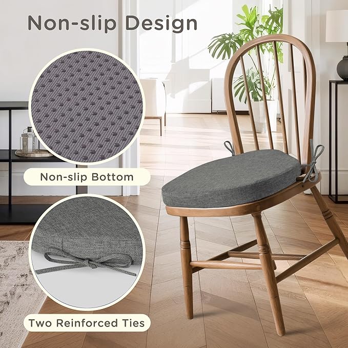 Windsor Chair Cushions for Dining Chairs 4 Pack Non Slip Kitchen Seat Cushion with Ties and Washable Covers Indoor Comfortable Seat Pad with Thick Foam 16.5" x 15.5" x 2" Dark Grey