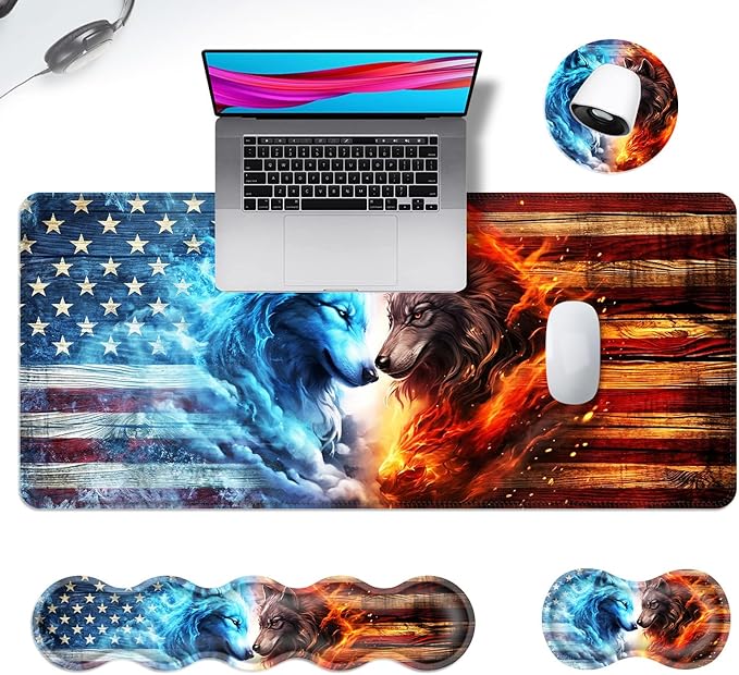 Ergonomic Mouse Pad Set with Wrist Support for Keyboard and Wrist Rest for Mouse, Memory Foam Comfort, Non-Slip Large Desk Mat for Home Office Pain Relief,Two Wolf Galaxies