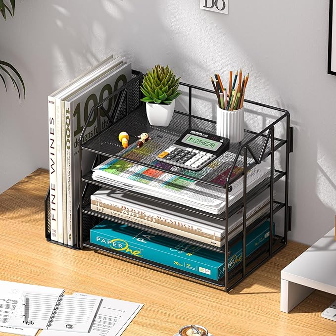 4-Tier Paper File Organizer with Drawer, Metal Desk Organizer, Tiered Paper Tray for Letter/A4 Files, Desktop Office Supplies Storage Rack, Black