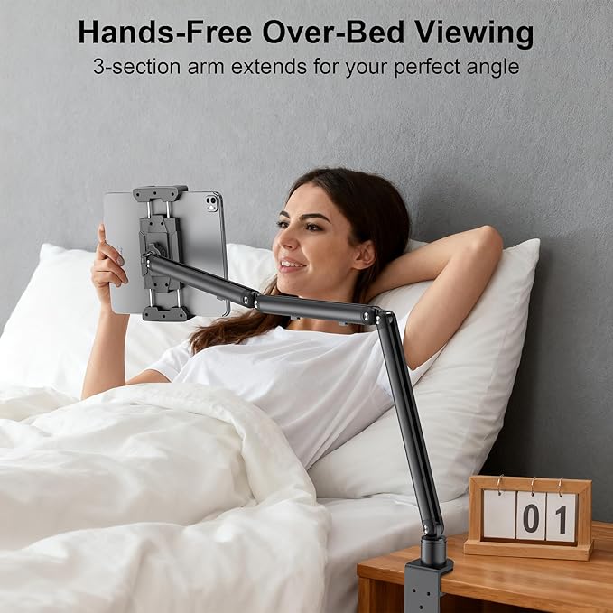 Portable Monitor Stand 15.6", Heavy Duty Tablet Arm Mount with Desk Clamp, Sag-Free Adjustable iPad Holder for Bed, 360° Foldable Arm Fits 4.7"-18.5" iPad Pro/Air/Mini, 2.2lbs Capacity, Matte Black