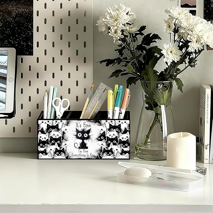 Funny Black Cat Pen Pencil Holder for Desk, Funny Office Gifts for Coworkers, Black Cat Gifts for Women, It's Fine Everything Is Fine Wooden Box Sign Decorations for Home Office Desk Tabletop